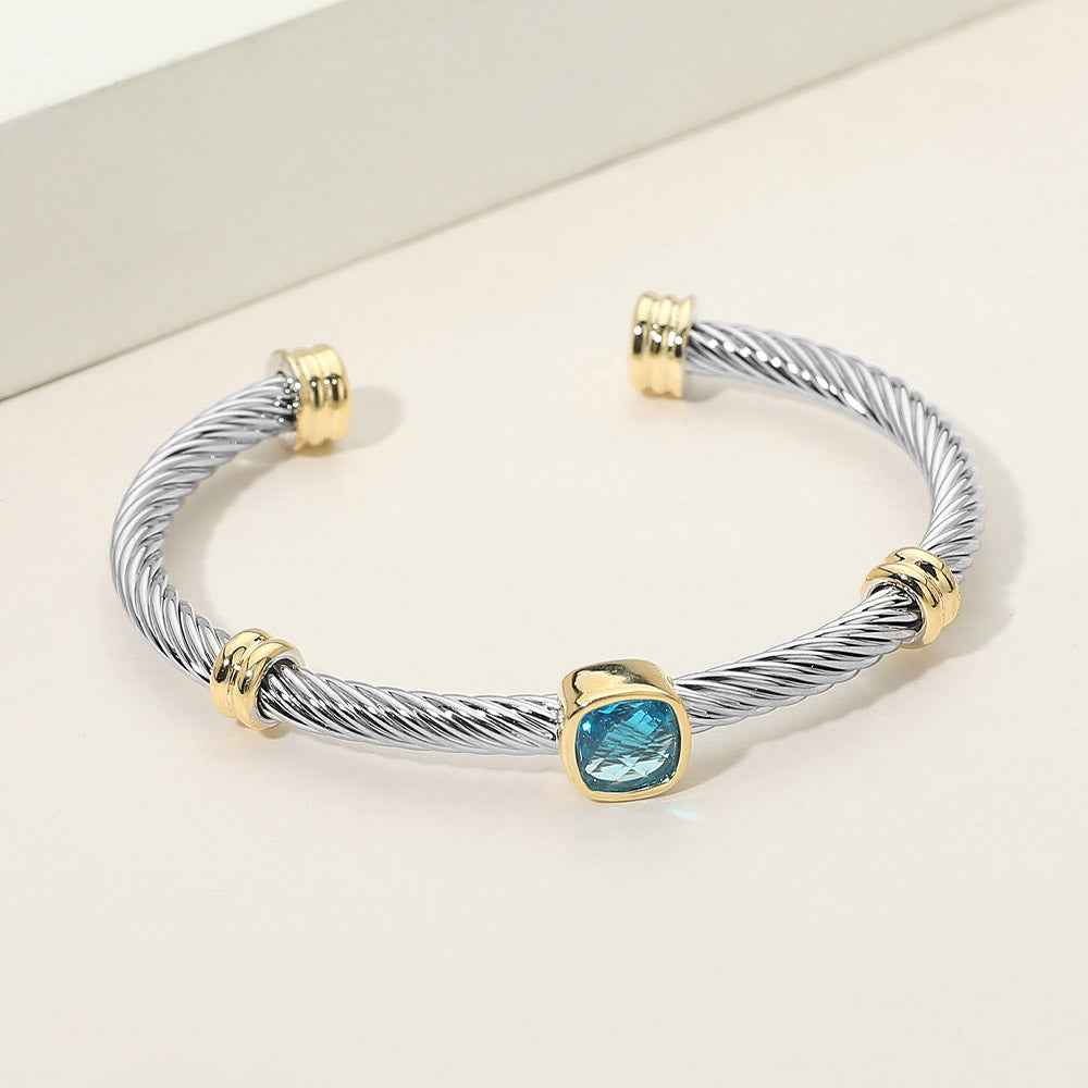 Square Aqua Bezel Accent Two Tone Twisted Cable Cuff Bracelet