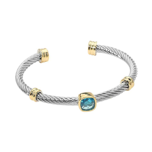 Square Aqua Bezel Accent Two Tone Twisted Cable Cuff Bracelet