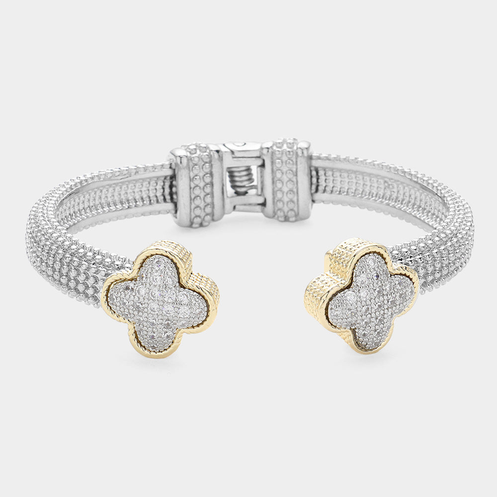 14K Gold Plated CZ Stone Paved Quatrefoil Tip Two Tone Hinged Cuff Bracelet