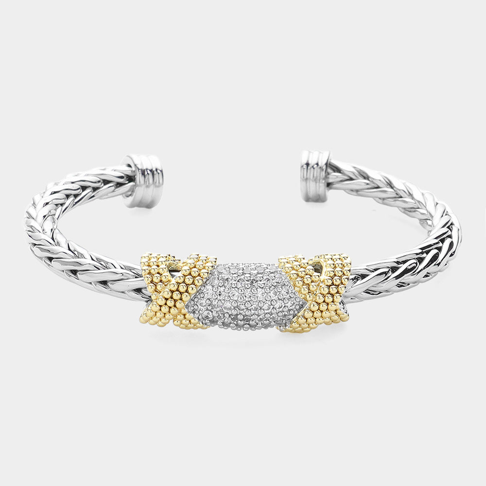 Two Tone CZ Stone Paved Double Crisscross Pointed Cuff Bracelet - M H W ACCESSORIES LLC