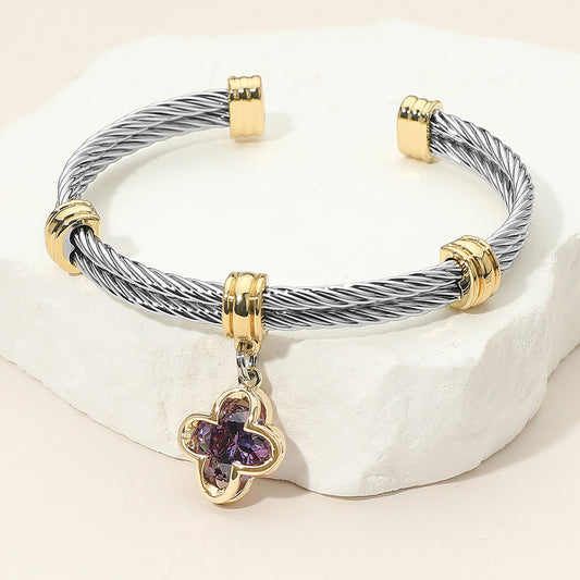 Two Tone CZ Stone Quatrefoil Purple Charm Dangle Cuff Bracelet - M H W ACCESSORIES LLC