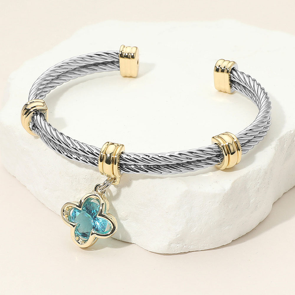 Two Tone CZ Blue Quatrefoil Charm Dangle Cuff Bracelet - M H W ACCESSORIES LLC