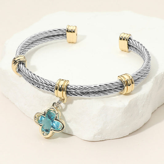 Two Tone CZ Blue Quatrefoil Charm Dangle Cuff Bracelet - M H W ACCESSORIES LLC