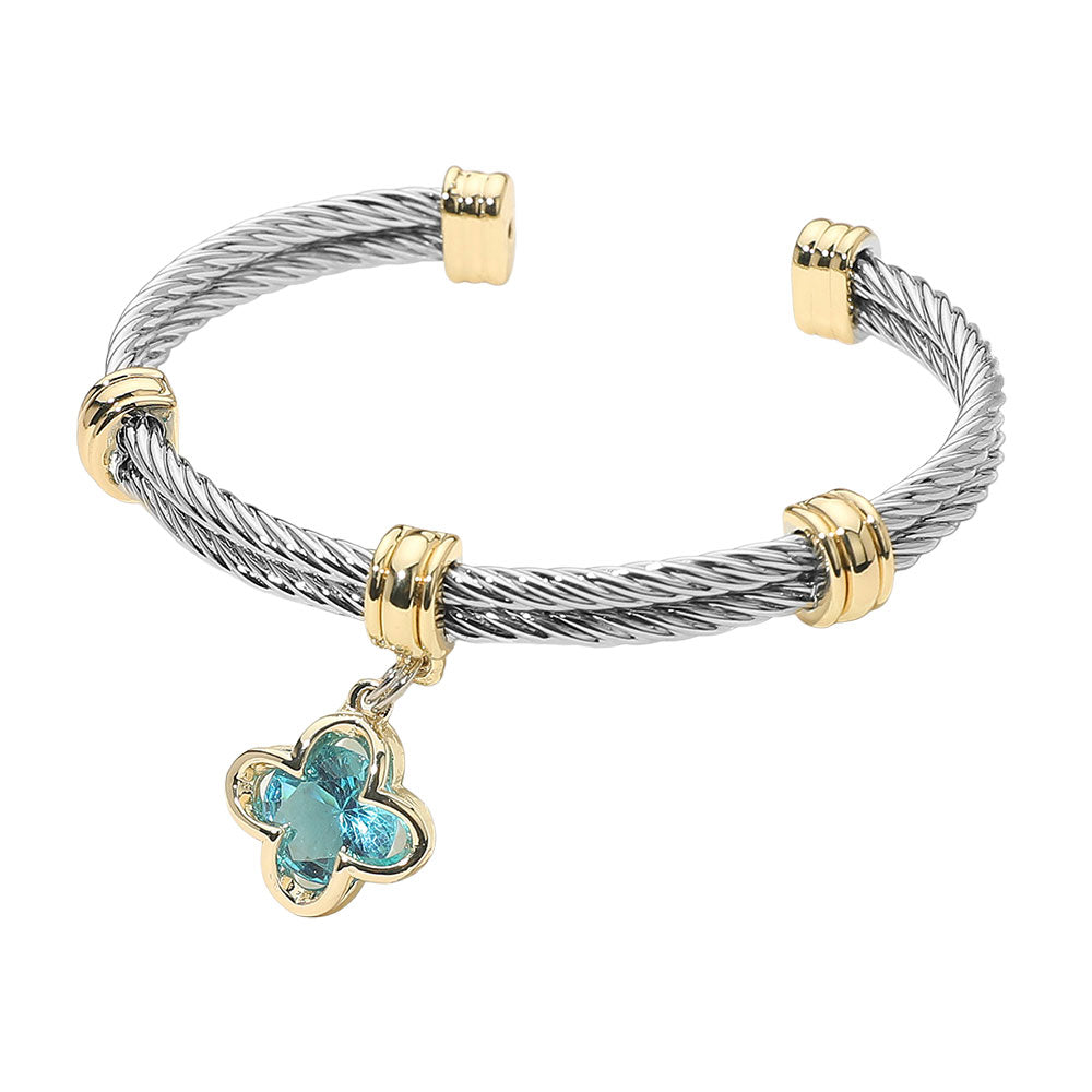 Two Tone CZ Blue Quatrefoil Charm Dangle Cuff Bracelet - M H W ACCESSORIES LLC