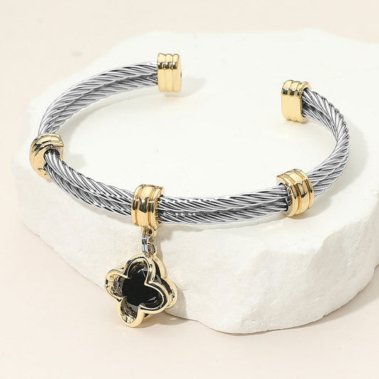 Two Tone CZ Black Quatrefoil Charm Dangle Cuff Bracelet (Copy) - M H W ACCESSORIES LLC