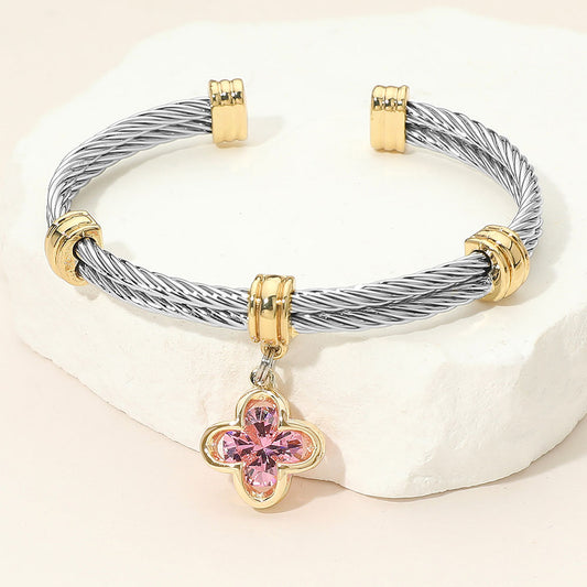 Two Tone CZ Rose Quatrefoil Charm Dangle Cuff Bracelet - M H W ACCESSORIES LLC