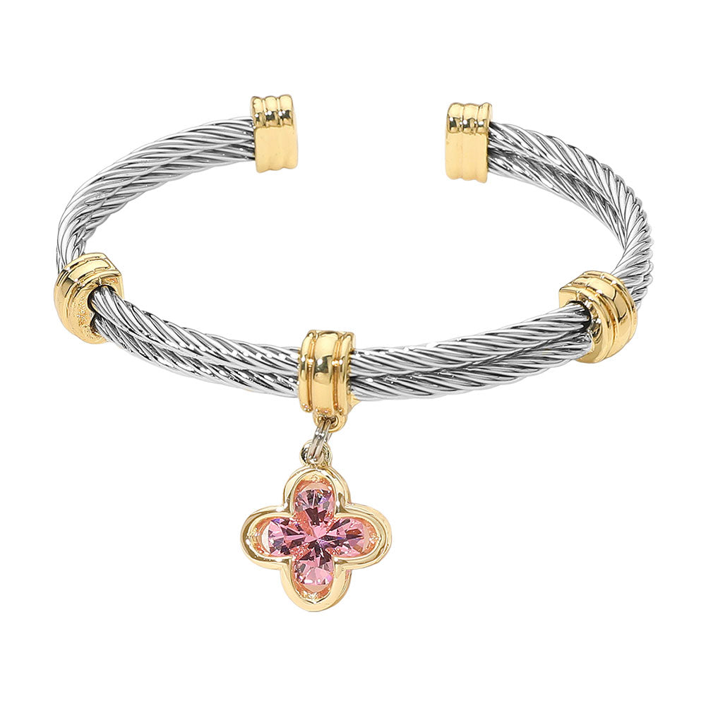 Two Tone CZ Rose Quatrefoil Charm Dangle Cuff Bracelet - M H W ACCESSORIES LLC