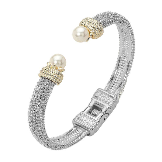 Pearl Tip Two Tone Textured Hinged Cuff Bracelet