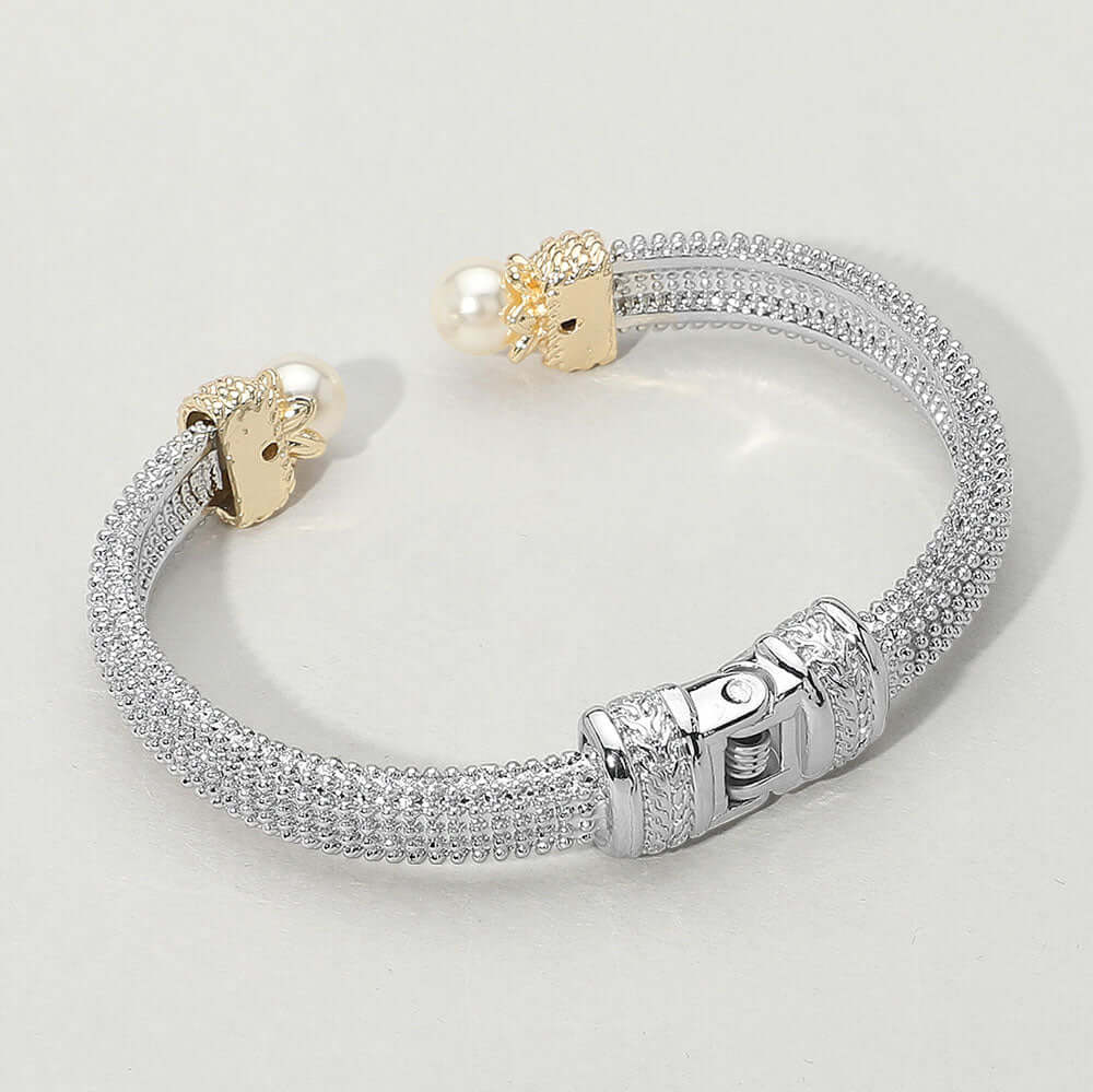 Pearl Tip Two Tone Textured Hinged Cuff Bracelet
