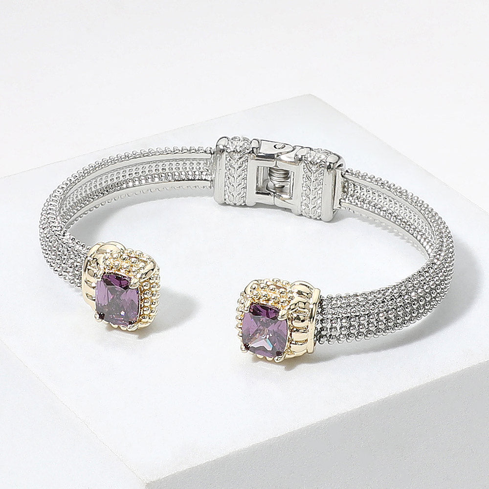 Purple Rectangle CZ Stone Tip Hinged Cuff Bracelet