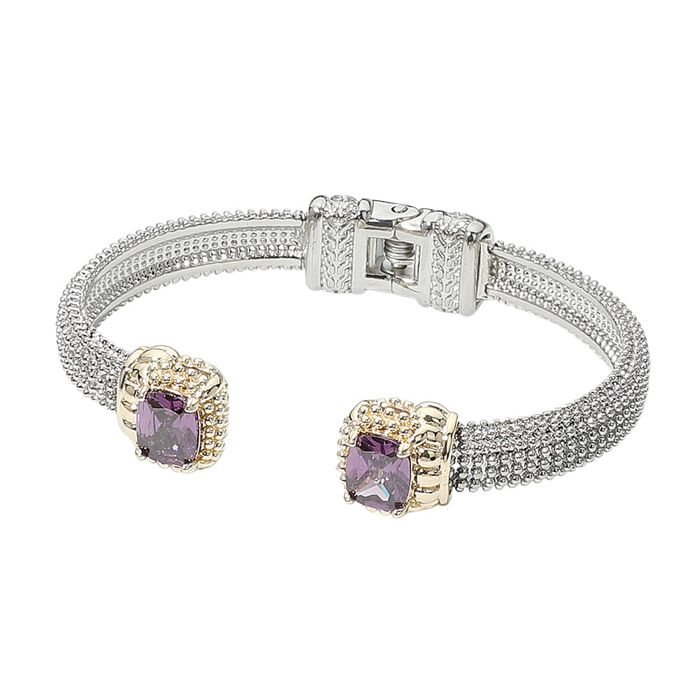 Purple Rectangle CZ Stone Tip Hinged Cuff Bracelet