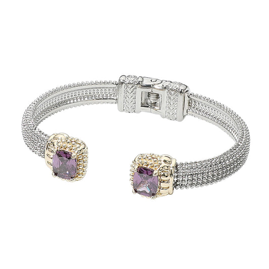Purple Rectangle CZ Stone Tip Hinged Cuff Bracelet