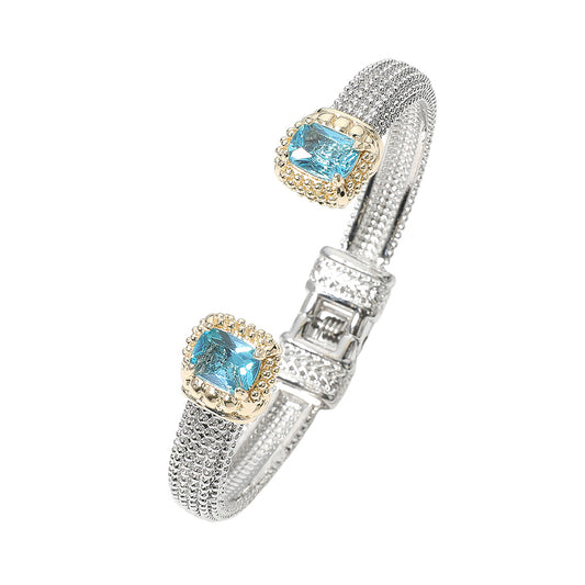 Blue Rectangle CZ Stone Tip Hinged Cuff Bracelet