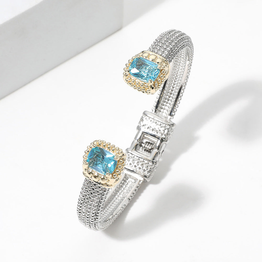 Blue Rectangle CZ Stone Tip Hinged Cuff Bracelet
