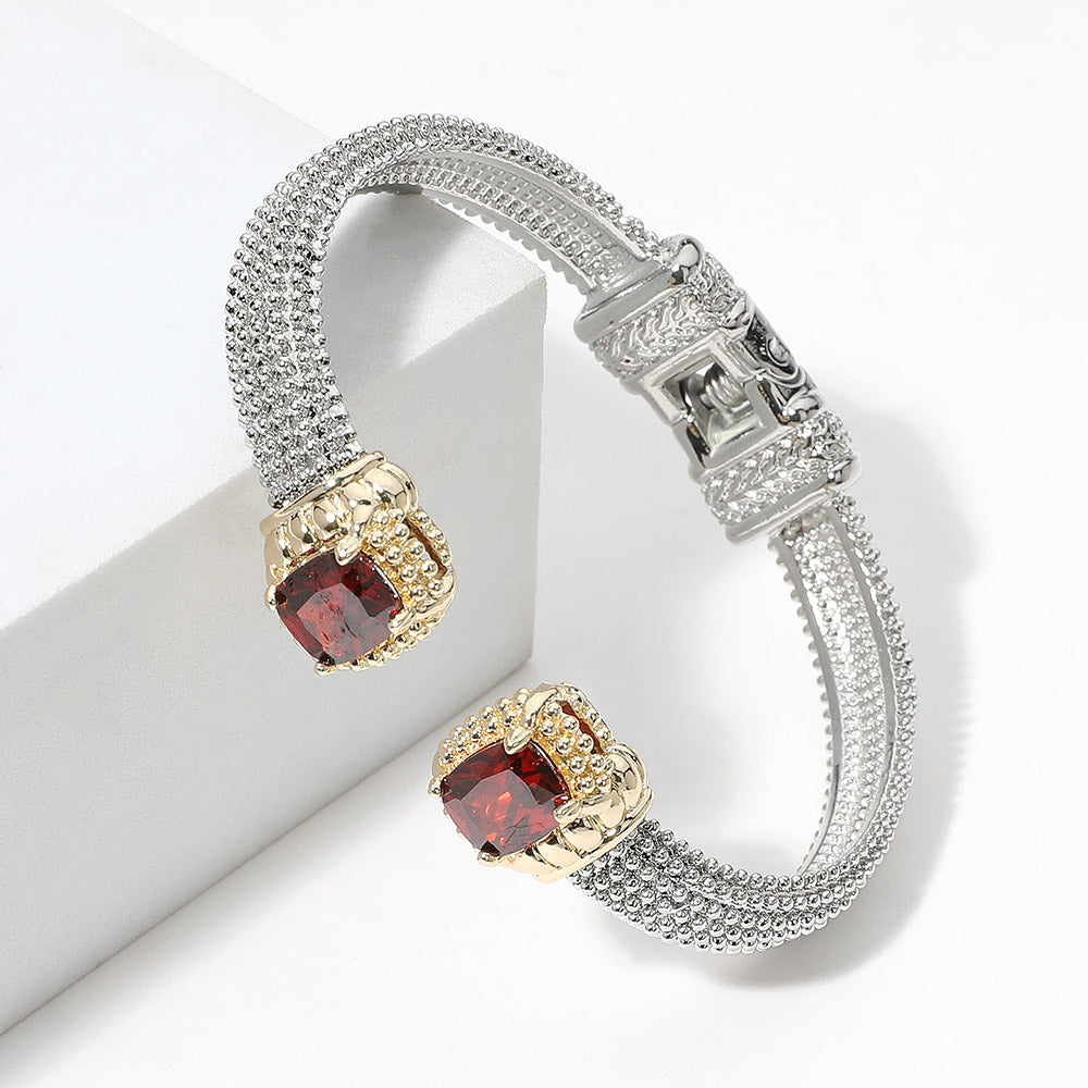 Siam Rectangle CZ Stone Tip Hinged Cuff Bracelet