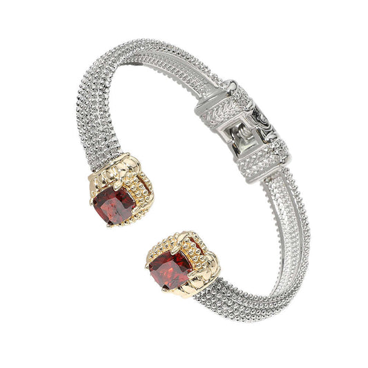 Siam Rectangle CZ Stone Tip Hinged Cuff Bracelet