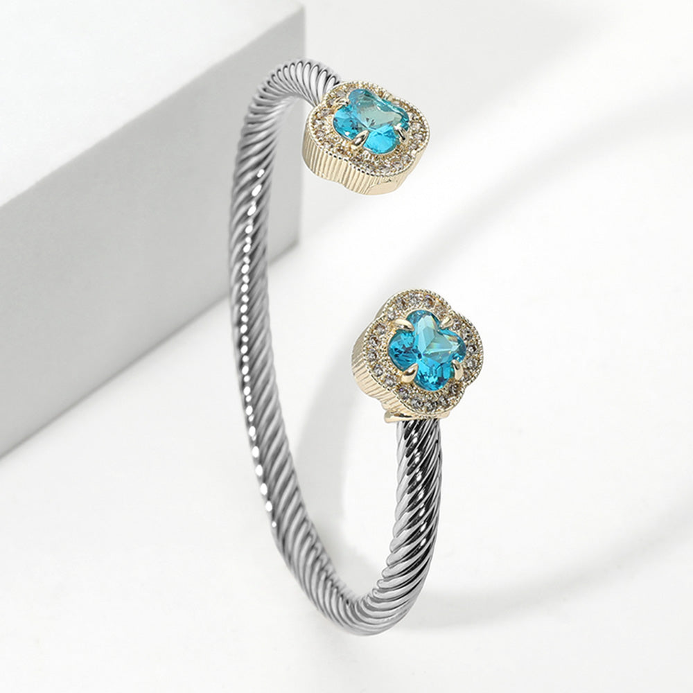 14K Gold Plated Blue Quatrefoil CZ Stone Tip Twisted Cuff Bracelet