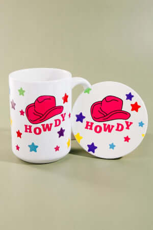 Howdy Western Cowboy Hat 15 Oz Mug With Matching Coaster Gift Set