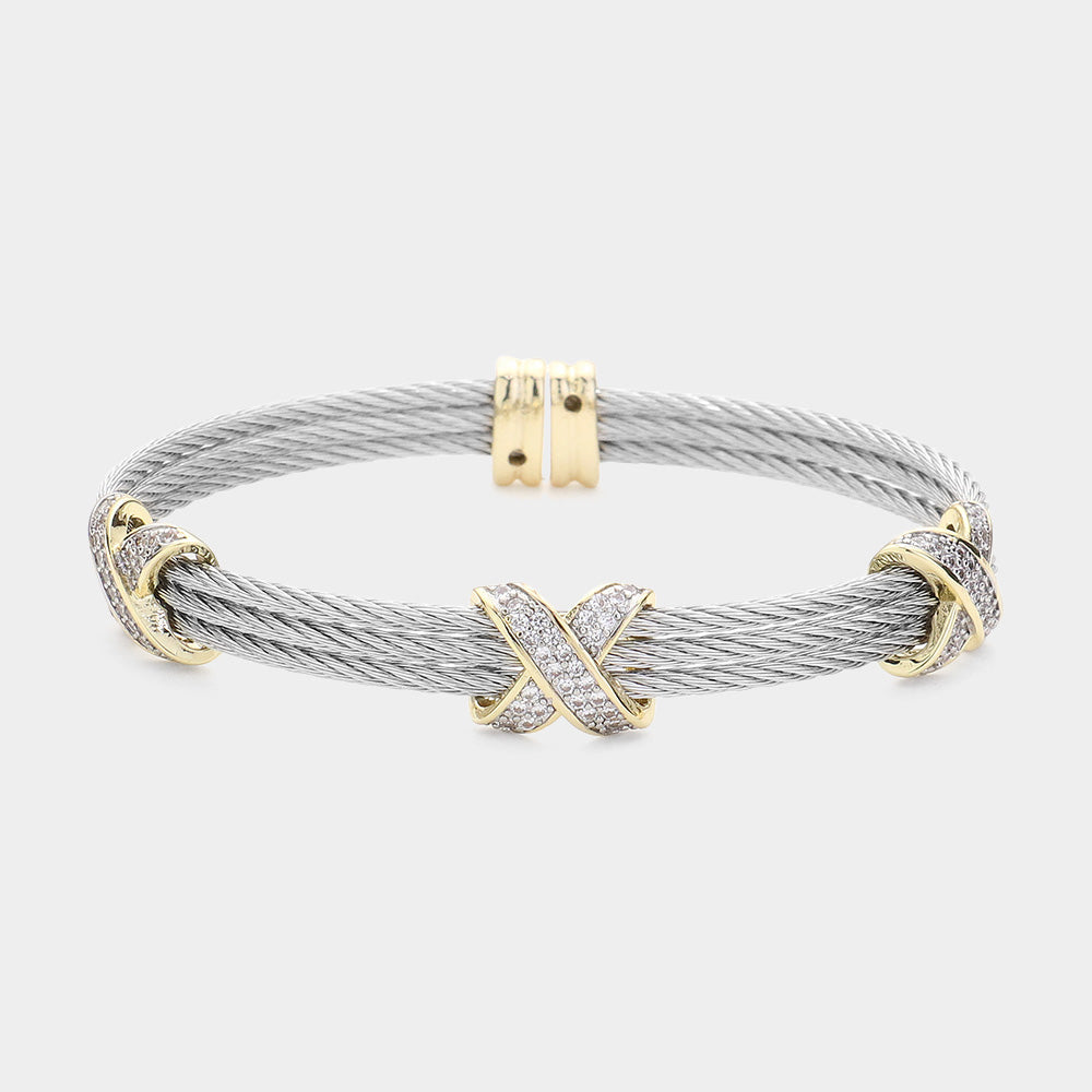 CZ Crisscross Two Tone Cuff Bracelet-M H W ACCESSORIES - M H W ACCESSORIES LLC