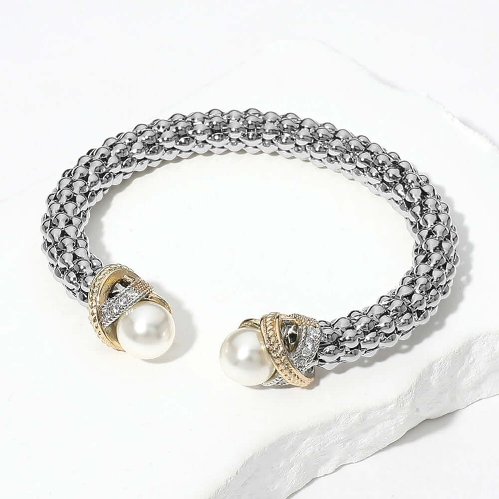 CZ Stone Paved Crisscross Bar Pearl Tip Bubble Cuff Bracelet - M H W ACCESSORIES LLC