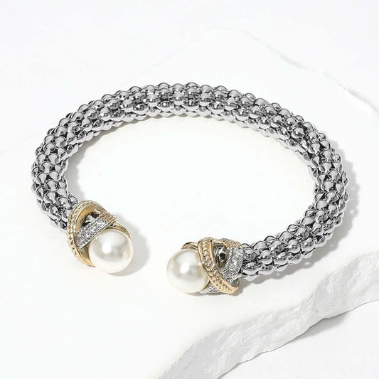 CZ Stone Paved Crisscross Bar Pearl Tip Bubble Cuff Bracelet - M H W ACCESSORIES LLC