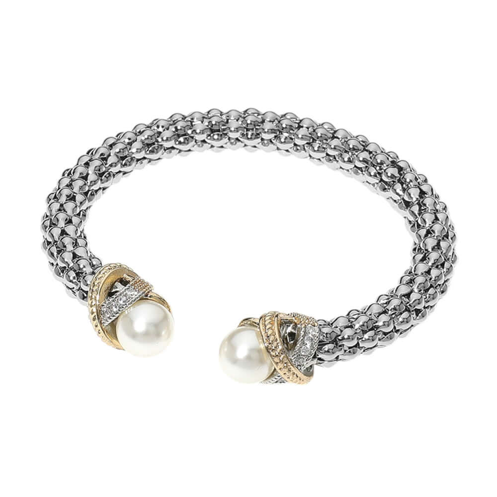 CZ Stone Paved Crisscross Bar Pearl Tip Bubble Cuff Bracelet - M H W ACCESSORIES LLC