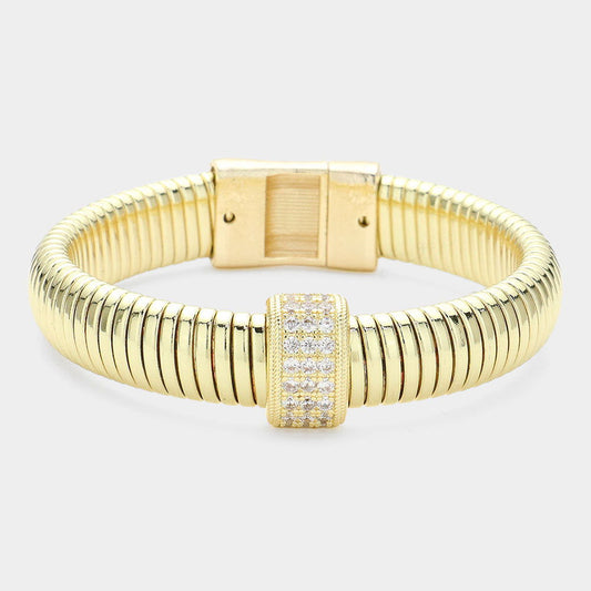 CZ Stone Paved Pointed Gold Coil Bangle Bracelet - M H W ACCESSORIES LLC