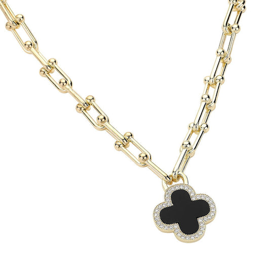 CZ Stone Paved Rim Black Quatrefoil Pendant Gold Dipped Hardware Chain Necklace - M H W ACCESSORIES LLC