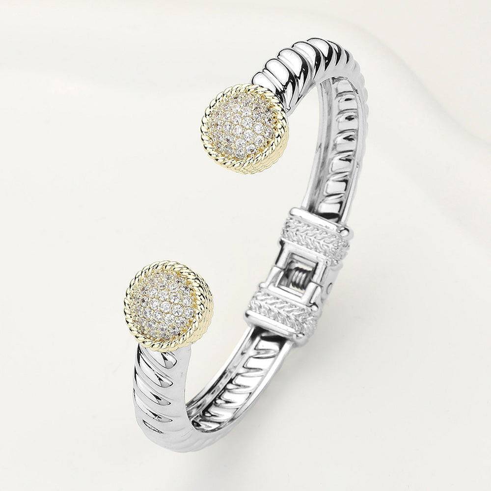 CZ Stone Paved Round Tip Hinged Two-Tone Cuff Bracelet - M H W ACCESSORIES LLC