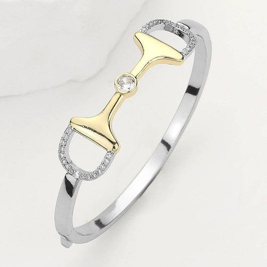 CZ Stone Paved Two Tone Belt Buckle Accented Hinged Bracelet - M H W ACCESSORIES LLC