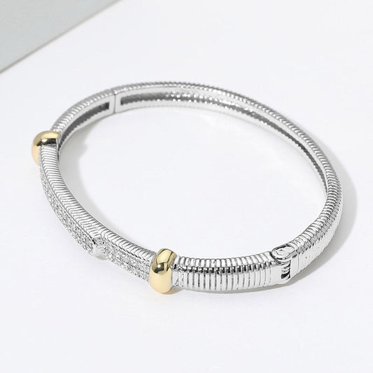 CZ Stone Paved Two Tone Hinged Bangle Bracelet - M H W ACCESSORIES LLC