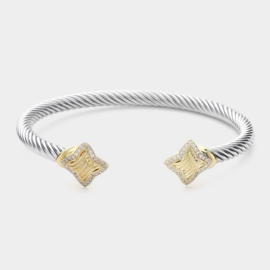 CZ Stone Paved Two Tone Quatrefoil Cable Cuff Bracelet - M H W ACCESSORIES LLC