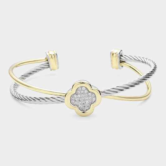 CZ Stone Quatrefoil Two Tone Split Cuff Bracelet - M H W ACCESSORIES LLC