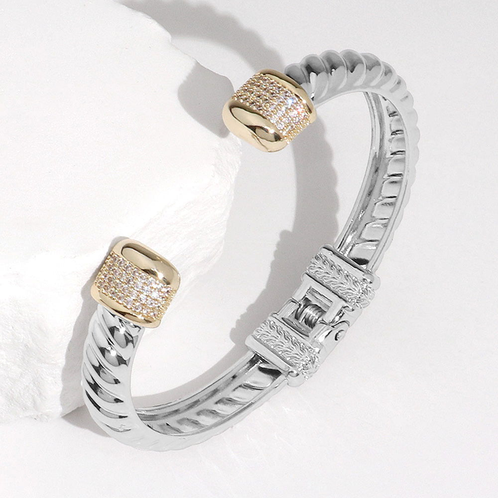 CZ Stone Two-Tone Paved Square Tip Hinged Cuff Bracelet - M H W ACCESSORIES LLC