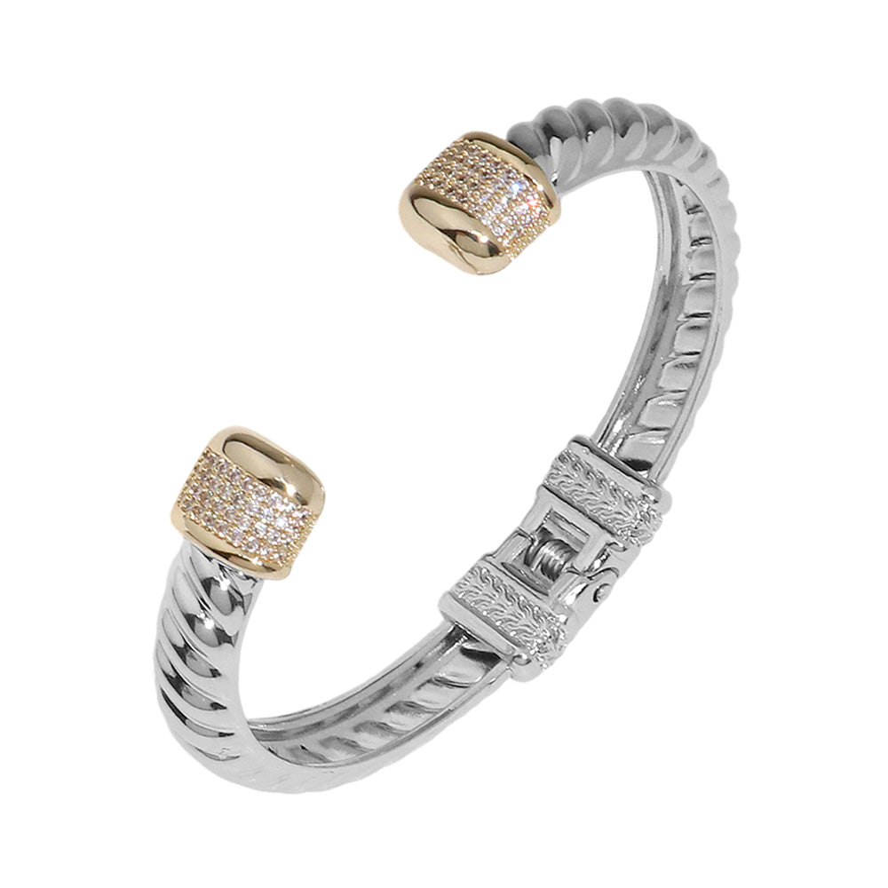 CZ Stone Two-Tone Paved Square Tip Hinged Cuff Bracelet - M H W ACCESSORIES LLC