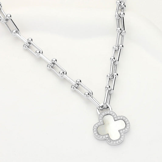CZ  Mother Of Pearl Silver Quatrefoil Pendant Hardware Chain Necklace - M H W ACCESSORIES LLC