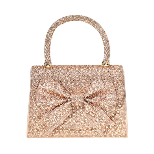 Champagne Bling Studded Bow Accented Top Handle Evening Hand Bag / Crossbody Bag - M H W ACCESSORIES LLC