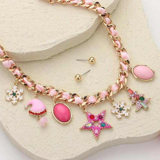 Christmas Pink Charm Station Ribbon Twisted Chain Necklace - M H W ACCESSORIES LLC