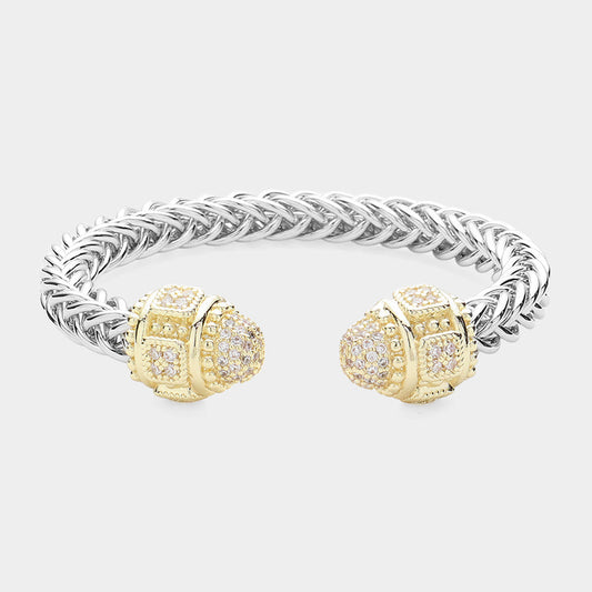Clear CZ Stone Tip Textured Metal Cuff Bracelet - M H W ACCESSORIES LLC