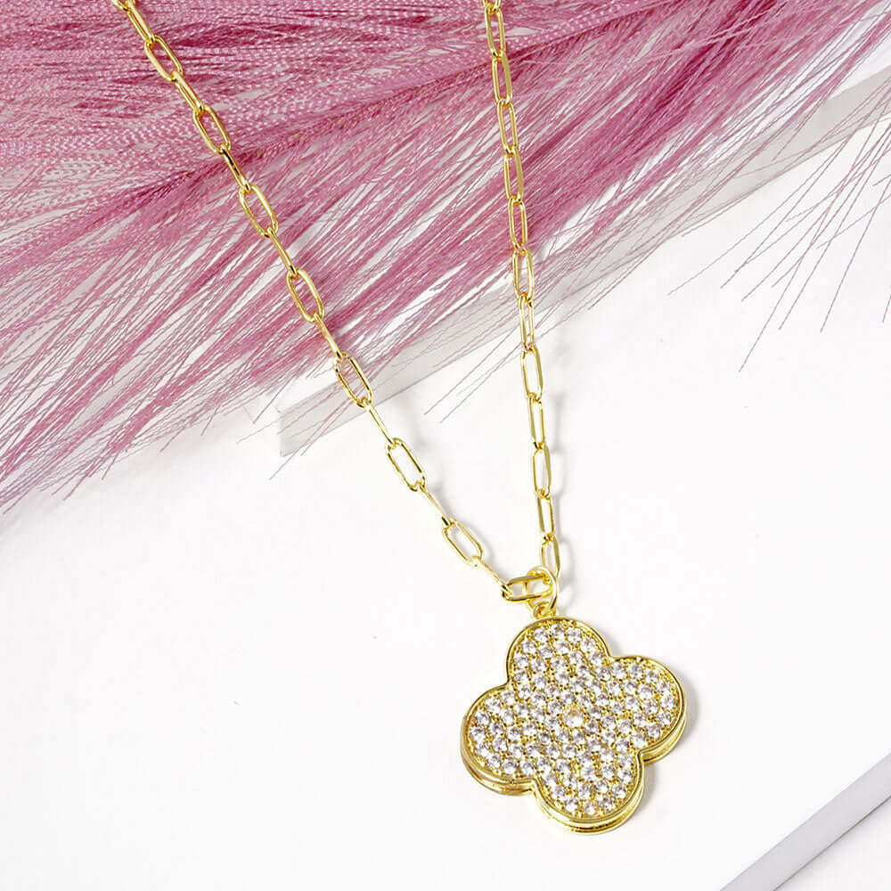 Clear Gold Dipped Stone Paved Quatrefoil Pendant Necklace - M H W ACCESSORIES LLC