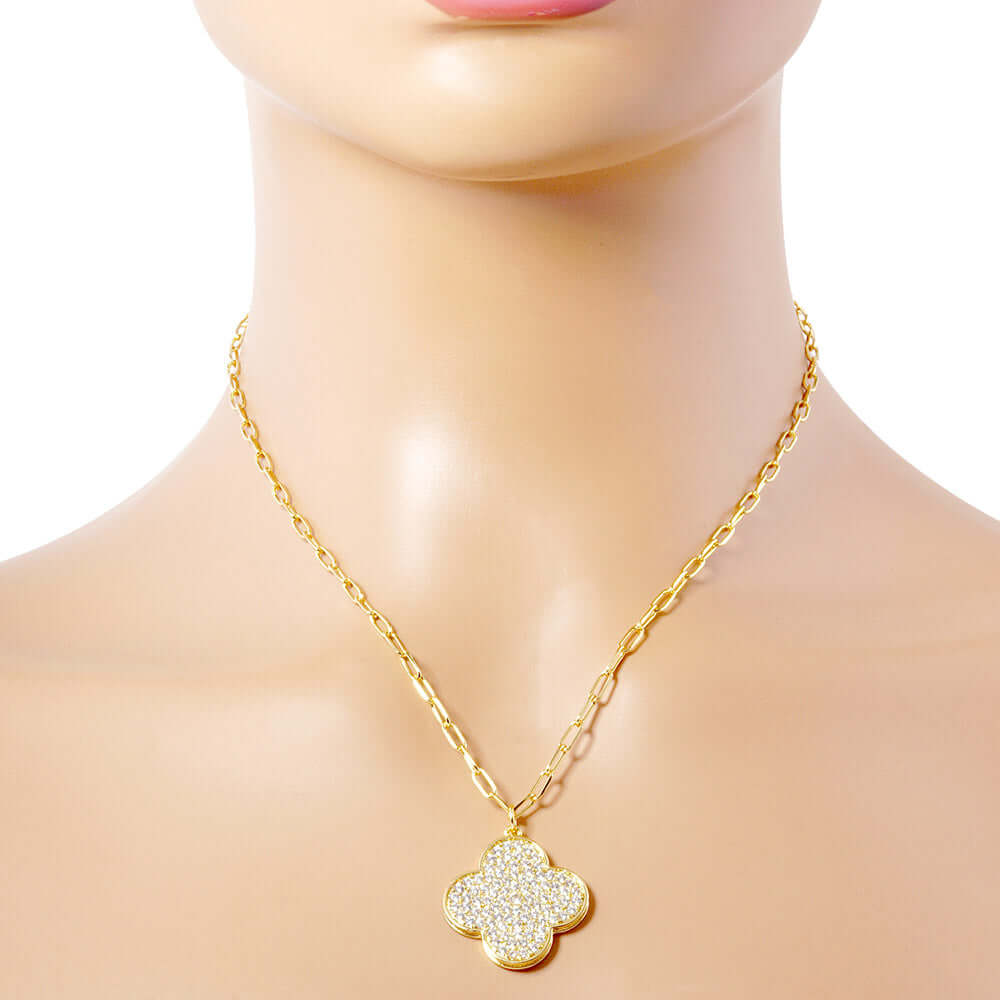 Clear Gold Dipped Stone Paved Quatrefoil Pendant Necklace - M H W ACCESSORIES LLC