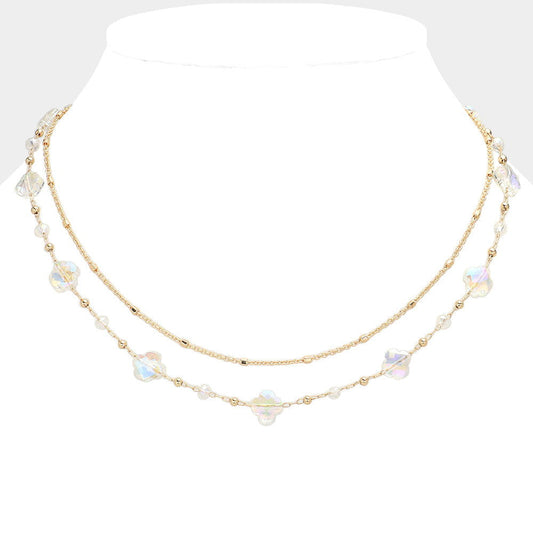 Clear Gold Faceted Quatrefoil Beaded Station Layered Chain Necklace - M H W ACCESSORIES LLC