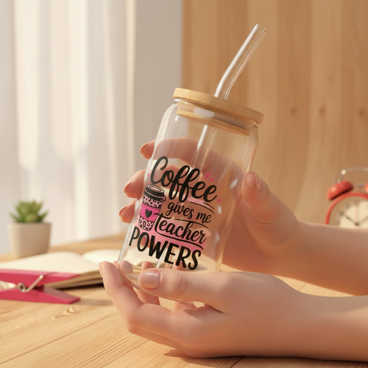 Coffee Gives Me Teacher Powers 16 oz glass tumbler M H W ACCESSORIES LLC Coffee Gives Me Teacher Powers 16 oz glass tumbler