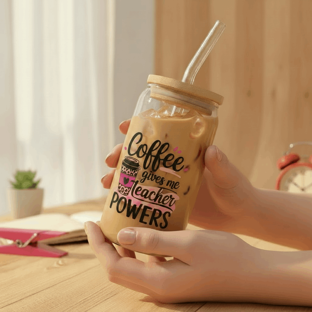 Coffee Gives Me Teacher Powers 16 oz glass tumbler M H W ACCESSORIES LLC Coffee Gives Me Teacher Powers 16 oz glass tumbler