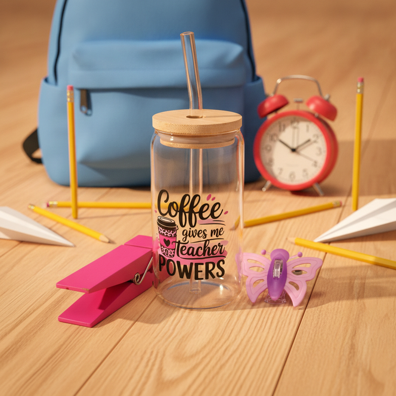 Coffee Gives Me Teacher Powers 16 oz glass tumbler M H W ACCESSORIES LLC Coffee Gives Me Teacher Powers 16 oz glass tumbler