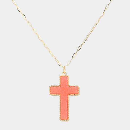 Coral Druzy Cross Pendant Necklace - M H W ACCESSORIES LLC