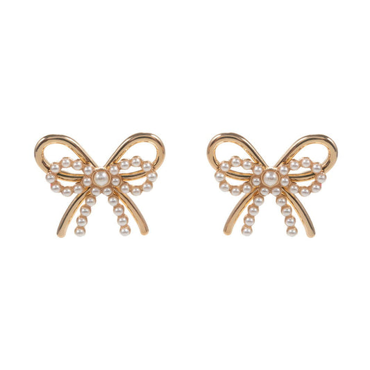 Cream Gold Pearl Metal Bow Earrings - M H W ACCESSORIES LLC