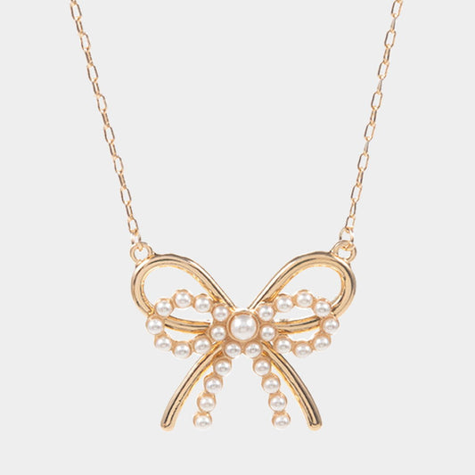Cream Gold Pearl Metal Bow Pendant Necklace for Women - M H W ACCESSORIES LLC