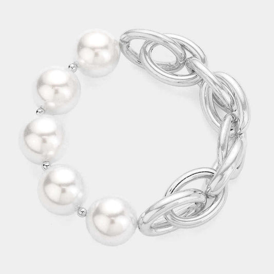 Cream Pearl Accented Silver Metal Chain Stretch Bracelet - M H W ACCESSORIES LLC