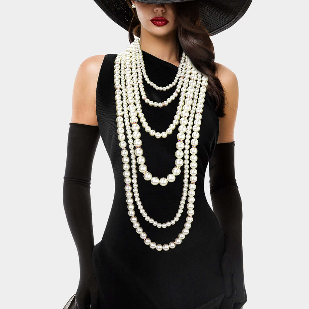 Cream Pearl Beaded Multi Layered Strand Long Necklace - M H W ACCESSORIES LLC